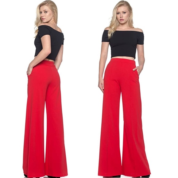 Bright Red Long Wide Leg Flare Bellbottom Palazzo Pants | Size Small - Picture 1 of 3